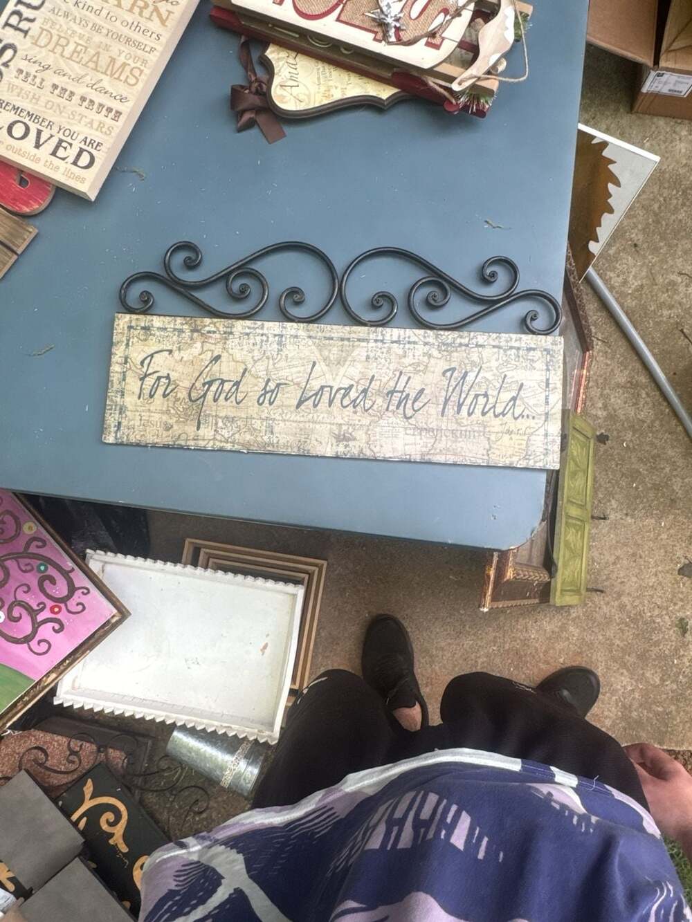 "For God So Loved The World" Religious Wall Sign with Metal Scrollwork & Map Bac